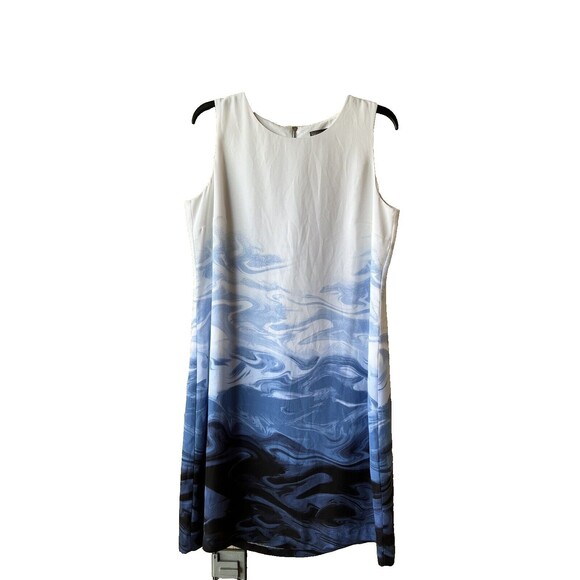 Vince Camuto womens Knee Length A Line Shift Dress size 12 White Blue Wavy Print - Picture 2 of 6